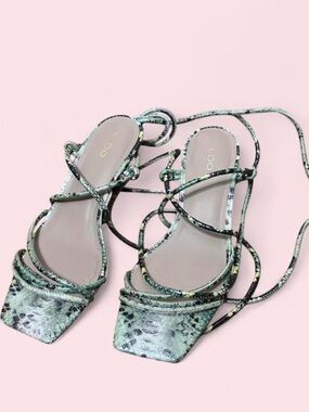 ALDO Green Snake-Print Lace-Up Sandals 7 pythonda synthetic green